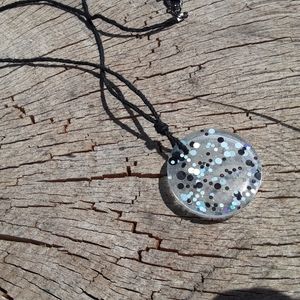 Clear blue and black dot necklace resin
